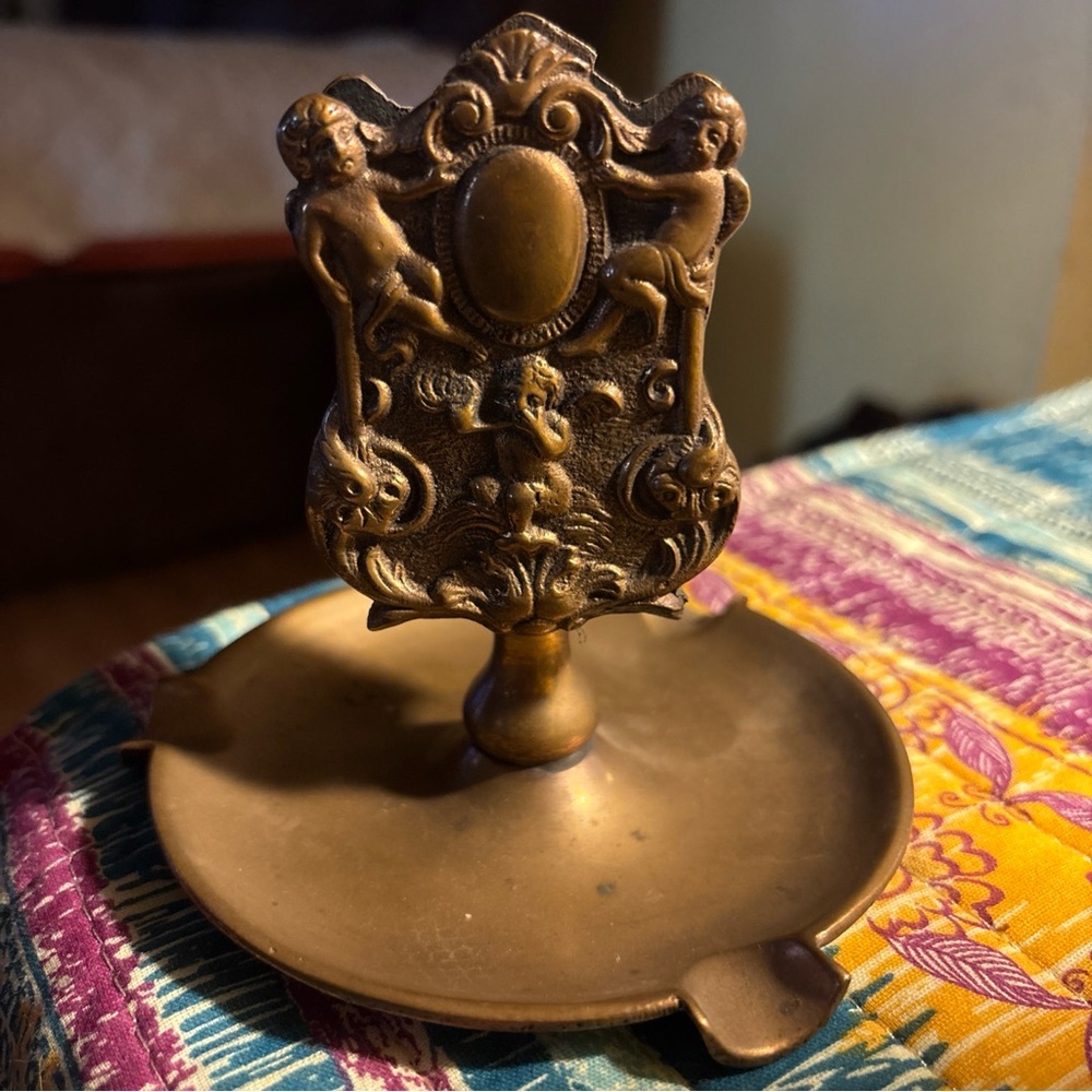 1900’s Lowenstein Rare Vintage Brass Ashtray with Cherub Design & Matchbook Hldr